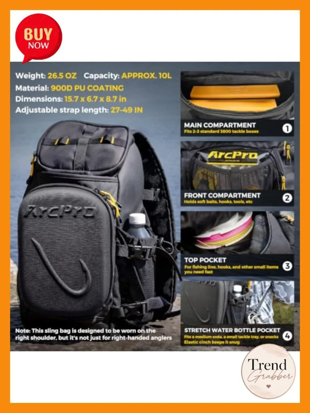 ARCPRO Fishing Sling Pack EVA Hardshell Tackle Bag Water-Resistant Convertible